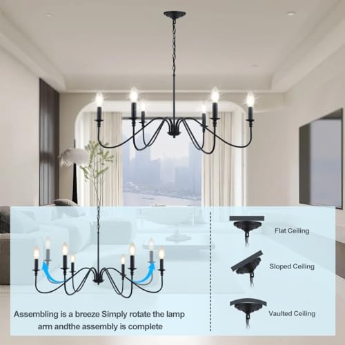 Miluolan Black Chandelier, 6-Light Farmhouse Chandelier for Dining Room | Rustic iron candelabra with adjustable 47.24" chain. Fits sloped ceilings