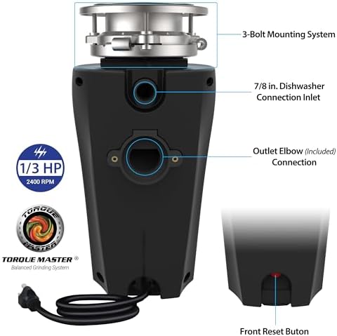 Eco Logic 1/3 HP Garbage Disposal, Universal 3-Bolt Mount, Power Cord