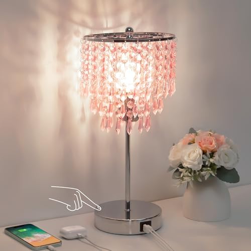 Touch Control Crystal Table Lamp with USB C+A Charging Ports, 3-Way Dimmable Bedside Touch Lamp Decorative Nightstand Lamp with Elegant Lampshade for Living Room Bedroom, B11 LED Bulb Included