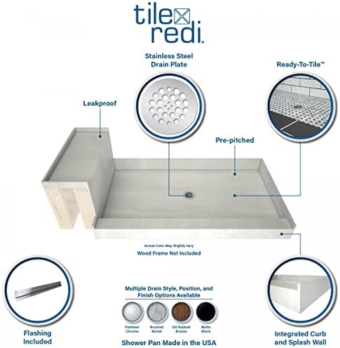 Tile Redi P3648C-RB36-KIT Shower Pan and Bench with Center Drain- Single Curb Shower Base, Bench, 2" PVC Drain, and Plate Included, 60" Width x 36" Depth