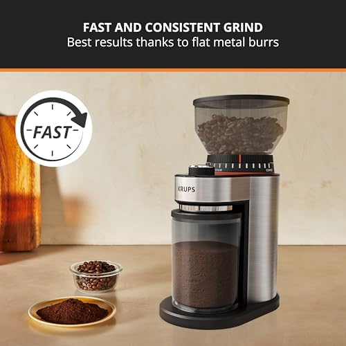 KRUPS Precision Burr Coffee Grinder: 12 Settings, 8 oz Capacity for Drip, French Press, Espresso, Pour Over, Cold Brew - Stainless Steel, 110W, Auto-Stop, Easy Clean - Coffee Grinders for Home Use