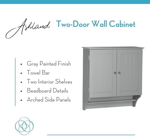 RiverRidge Ashland Collection Two-Door Wall, Gray Cabinet, Grey | Space-Saving Bath Storage Cabinet, Pine Wood Towel Rack, Painted MDF Shelf