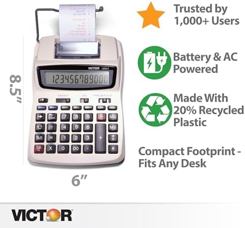 Victor Printing Calculator, 1208-2 Compact and Reliable Adding Machine with 12 Digit LCD Display, Battery or AC Powered, Includes Adapter,White