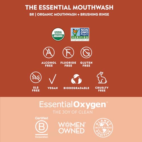 Essential Oxygen Certified BR Organic Brushing Rinse, All Natural Mouthwash for Whiter Teeth, Fresher Breath, and Happier Gums, Alcohol-Free Oral Care, Peppermint, 16 Ounce, Package may vary