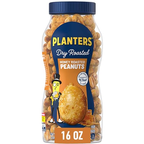 PLANTERS Honey Roasted Peanuts, Plant Based Protein Snacks, 16 Oz (1 Ct) | Roasted Sweet & Salty Nuts. Kosher. Resealable Jar. Snacks for Adults. Party Mix, Party Snacks