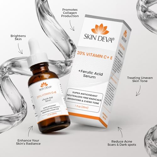 Skin Deva 20% Vitamin C Serum Anti Aging with Hyaluronic Acid & Vitamin E Ferulic Acid - Brightening Formula for Improving Appearance of Dark Spots, Fine Lines & Wrinkles - All Skin Types, 1 fl oz