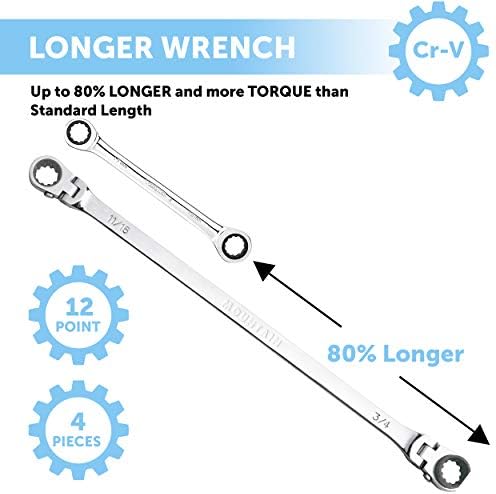 Mountain RF7 SAE Reversible Double Raised Box Ratcheting Wrench Set, Universal Spline, 90 Tooth Design, 180 Degree Rotating Head, Sizes 5/16", 3/8"