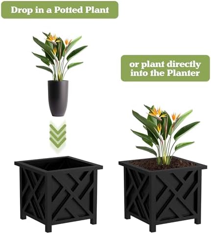 Lattice Design Outdoor Planter Box - 14.75” Square 13” Tall Black Plant Pot - Decorative Plant Pots for Front Porch Decor - Flower Pots Outdoor