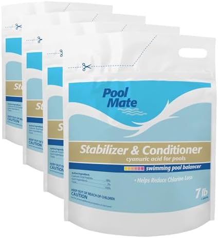 Pool Mate 7-Pounds Premium Pool Stabilizer and Conditioner | Chlorine Stabilizer, Concentrated Cyanuric Acid for Pools, Helps Chlorine Last Longer, 6oz raises CYA 10ppm per 5,000 gallons