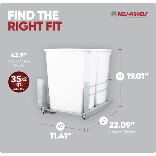 Rev-A-Shelf Double Pullout Trash Can w/Soft-Close Slides, 14.5" Min Opening | Large Capacity Garbage/ Recycling Waste Bins for Under Kitchen Cabinets, Heavy Gauge Wire Construction, 53WC-1835SCDM-217