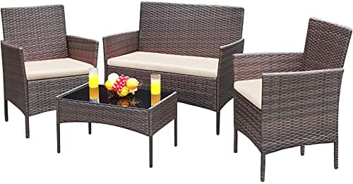 Greesum Patio Furniture 4 Pieces Conversation Sets,Brown and Beige