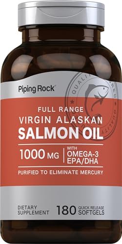 Piping Rock Wild Alaskan Salmon Oil for Humans | 1000mg | 180 Softgel Capsules | Omega 3 Supplement with EPA and DHA | Non-GMO and Gluten Free