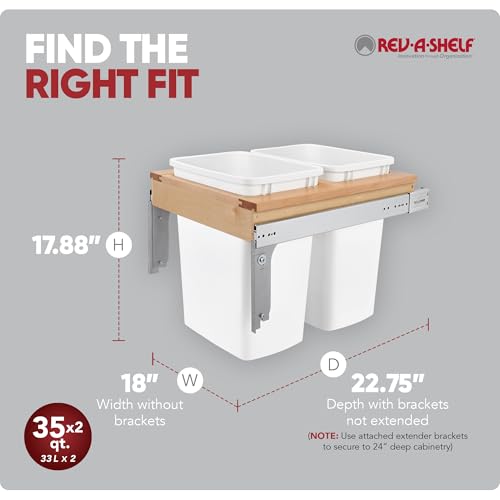 Rev-A-Shelf Top Mount Double Pullout Under Cabinet 35 Quart Kitchen Trash Cans with 150 Pound Rated Full-Extension Slides, 4WCTM-21DM2