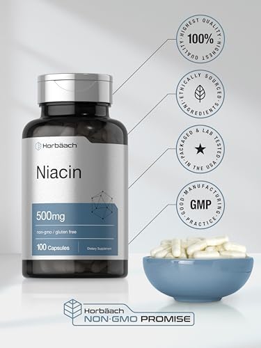 Horbäach Niacin | Vitamin B3 500mg | 100 Capsules | with Flushing | Non-GMO, and Gluten Free Supplement