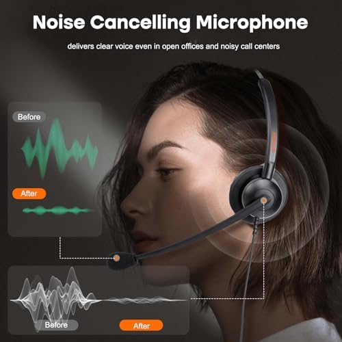 Lightweight Telephone Headset with 2.5mm Bottom Cable and Mute Button for Office Calls, Works with Cisco Polycom Panasonic Landline IP Desk Phones