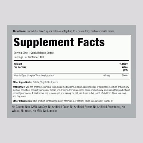 Piping Rock Vitamin E 200 IU | 90mg | 100 Softgel Capsules | High Potency Supplement | Non-GMO, Gluten Free