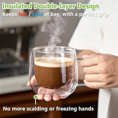 4 Pack Double Walled Glass Coffee Mugs, 16 oz Large Insulated Clear Coffee Cups with Handle, Cappuccino Mug for Espresso, Latte, Americano, Tea Bag