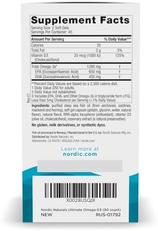 Nordic Naturals Ultimate Omega-D3,1280mg + 1000IU D3, Lemon - 90 Count