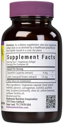 Bluebonnet Nutrition Zeaxanthin & Lutein, Eye Health*, Gluten-Free, Dairy-Free, 60 Vegetarian Softgels, 60 Servings | Eye Health; Vegetarian, Gluten-Free, Dairy-Free