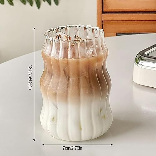 2 Pcs Ribbed Glass Cups, 18 Oz Vintage Drinking Glassware with Wave Design | Iced Coffee Cups Glass, Matcha Glass Bubble Cups for Iced Coffee, Juice