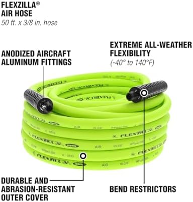 Flexzilla Air Hose, 3/8 in. x 50 ft., 3/8 in. MNPT Fittings, Heavy Duty, Lightweight, Hybrid, ZillaGreen - HFZ3850YW3