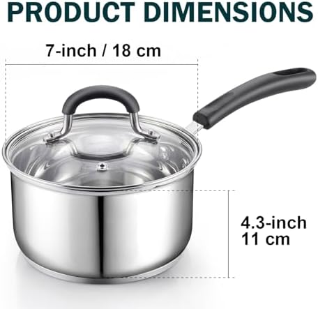 Cook N Home Professional 2 Quart Stainless Steel Saucepan with Lid, Small Kitchen Induction Cooking Sauce Pot Pan, Stay-Cool Silicone Handle, Dishwasher Safe