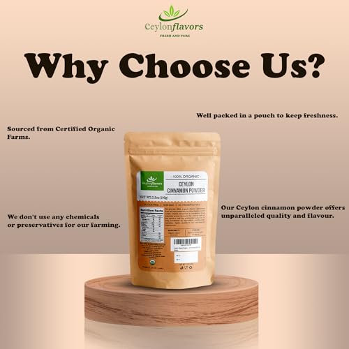 Ceylon Flavors Organic Ceylon Cinnamon Powder, Premium Special Grade, Non GMO, Harvested from a USDA Certified Organic Farm in Sri Lanka (3.5 oz)