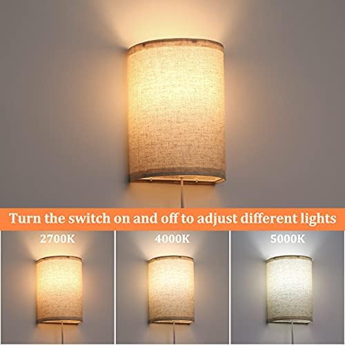 AVV Wall Sconces Set of Two, Wall Lamp Plug in with On/Off Switch, 2700K 4000K 5000K Selectable, Wall Lights for Bedroom, Living Room
