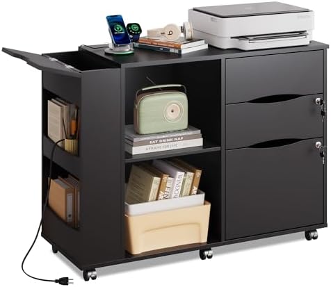 DEVAISE File Cabinet with Lock, Printer Stand with Charging Station Black | Lateral Mobile Filing Cabinets, Lock & Open Storage Shelves
