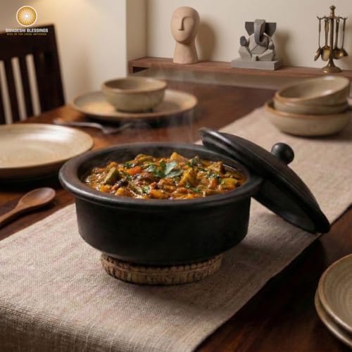 Swadeshi Blessings HandMade Unglazed Clay Pot for Cooking with Lid,2.5L,Red
