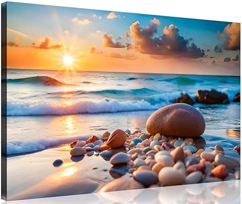 TutuBeer 3 Panel Beach Canvas Wall Art for Home Decor Blue Sea Sunset White Beach Painting the Picture Print on Canvas Seascape the Pictures for Home Decor Decoration,Ready to Hang