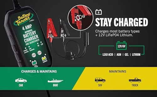 Battery Tender 4 AMP Battery Charger and Maintainer - Automotive Switchable 12V or 6V Smart Automatic for Cars SUVs and Trucks - Lead Acid, AGM, Gel