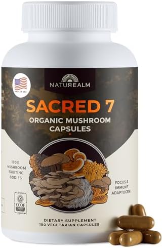 Sacred 7 Brain Mushroom Powder, Organic 7-in-1 Blend 226 Servings | Seven fruiting body extracts, lions mane cordyceps reishi, stirs into coffee or smoothies, 1000 mg scoop