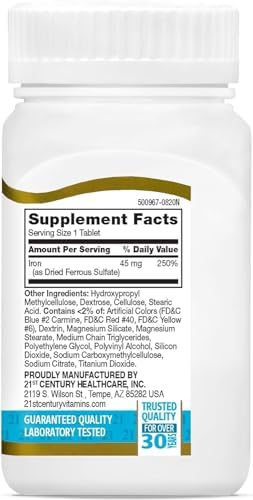 21st Century Slow Release Iron 45mg Tablets, Gentle on Stomach, 60 Count | High-Potency Ferrous Sulfate, Compare VS. Slow FE® & Healthy Red Blood Cells, Gluten Free, No Added Yeast, For Women & Men