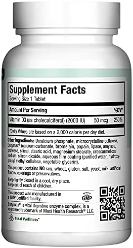 Maxi Health Kosher Vitamin D3 2000IU - Highly Absorbable Vitamin D Supplements for Healthy Immune Response, Calcium Absorption, Teeth & Bone Health - D3 Vitamin 2000 IU -180 Tablets