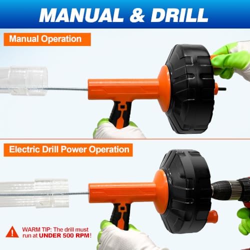 Drain Auger 33Ft, Auto-Feed Drain Clog Remover Plumbing Snake Drain Tools | Drill Adapter for Quickly Unclogging