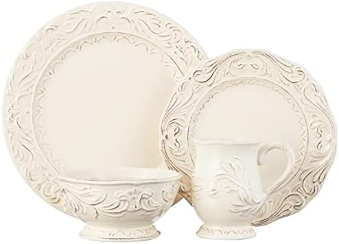 Firenze Ivory 16-Piece Ceramic Dinnerware Set, Service for 4 – Embossed Plates