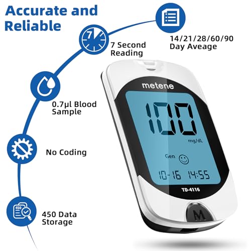 Metene TD-4116 Blood Glucose Monitor Kit, 100 Glucometer Strips, No Coding