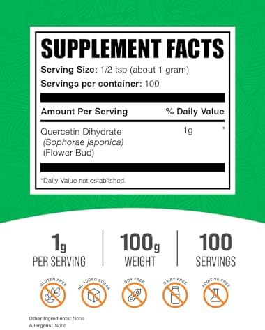 BulkSupplements.com Quercetin Dihydrate Powder - Quercetin Supplements, Antioxidants Source - Vegan & Gluten Free, 1g per Serving, 250g (8.8 oz) (Pack of 1)