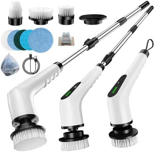 Electric Spin Scrubber, Cordless Cleaning Brush with 8 Replaceable Brush Heads, Shower Scrubber with Adjustable Extension Handle