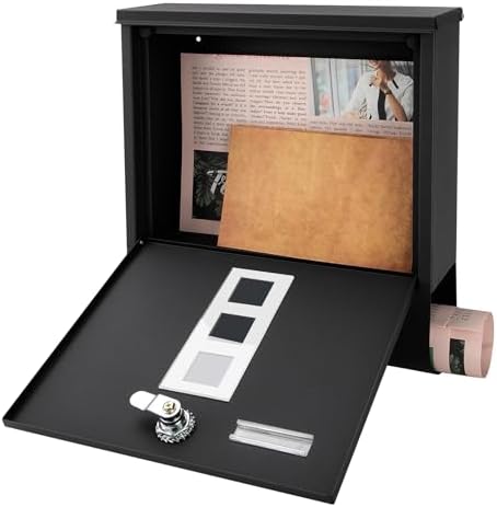 Locking Mailbox Wall Mount for Outside– Jssmst Mailboxes with Key Lock for Front Door Fence, Large Capacity Letter Box, 14.3 x 4.1 x 11.8 Inch, Black, SM-HPB911BN