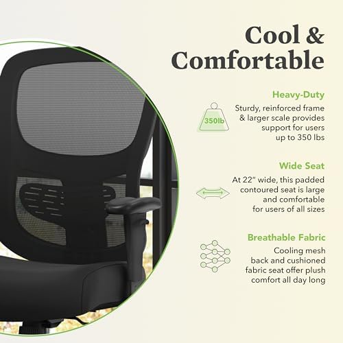 HON Sadie Big and Tall Ergonomic Office Chair, Heavy Duty Desk Chair, Black | Big and tall ergonomic office desk chair for desk work, lumbar support, adjustable arms, mesh comfort, 350 lb capacity