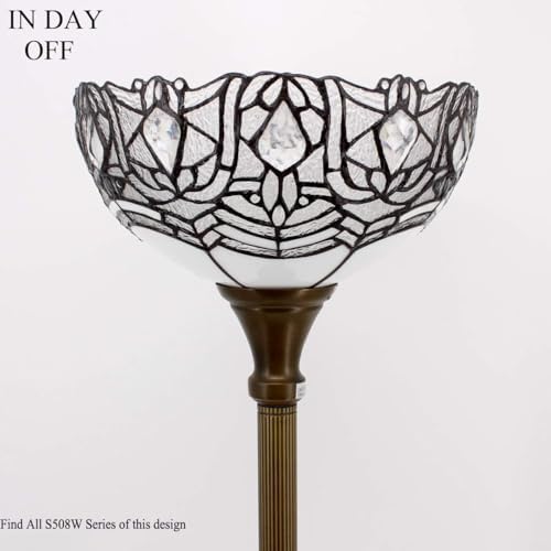 WERFACTORY Tiffany Floor Lamp White Crystal Stained Glass Torchiere Light | 12X12X71 Inches Pole Standing Corner Torch Uplight Decor Bedroom Living