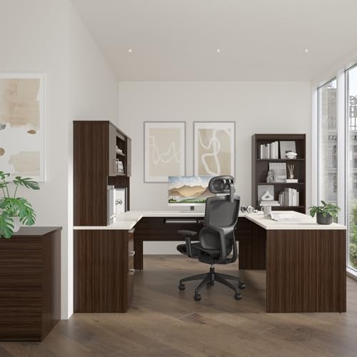 Bestar, Ridgeley Collection, 3-Piece Set Including a U-Shaped Desk with Hutch, a Lateral File Cabinet, and a Bookcase