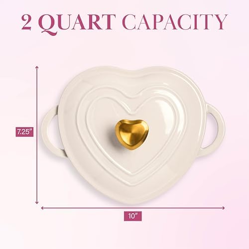 Paris Hilton Enameled Cast Iron Dutch Oven Pot with Lid, Heart-Shaped Dutch Oven, Durable Cast Iron Pot with Dual Handles, Oven Safe to 500°F, Works on All Stovetops, 2-Quart, Cream