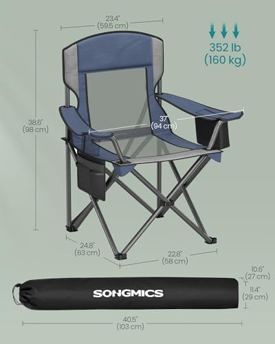SONGMICS Camping Chair, Folding Oversized Chair, Comfortable and Heavy-Duty, 352 lb Weight Capacity, Adjustable Armrests with Cooler Bag, Storage Bag, Breathable Mesh, Bijou Blue UGCB060Q01