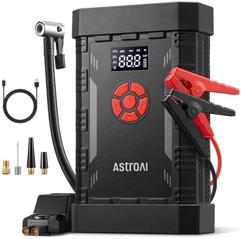 AstroAI S8 Air Jump Starter with Air Compressor, 3000A Peak Car Battery Jump Starter Portable (9.0 Gas/6.5L Diesel) with 150PSI Cordless Auto-Shutoff Tire Inflator, 12V Battery Charger Booster(Orange)