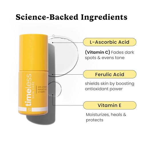 Timeless Skin Care Vitamin C Serum with Vitamin E & Ferulic Acid - Brightening Serum - for Oily & Dry Skin - Fragrance-Free - 1 oz | Vitamin C Serum for Even Skin Tone and Collagen Support, Antioxidant-Rich Advanced Skincare Formula, Lightweight