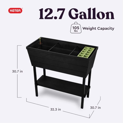Keter Urban Bloomer 12.7 Gallon Raised Garden Bed and Outdoor Herb Garden Planter with Self Watering Gauge and Drainage Plug, Dark Grey