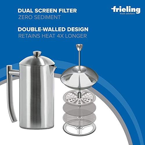 Frieling Double-Walled Stainless Steel French Press Coffee Maker - 36 oz Polished & Insulated Press Pot - Stainless Steel Coffee Maker